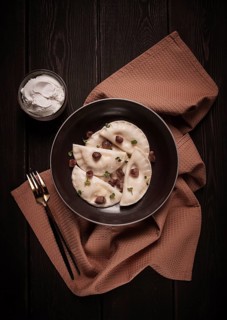 Pierogi, a traditional dish of Polish cuisine, dumplings, top view, close-up, no people