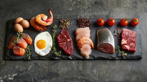 All meat, fish and eggs platter overhead. generative AI, AI generated