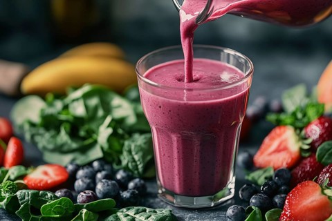 Close up of pink healthy smoothie drink being pured into a glass. Generative Ai, AI generated