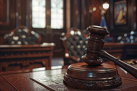 Close up of brown wooden judge gavel in courtroom. Generative Ai, AI generated