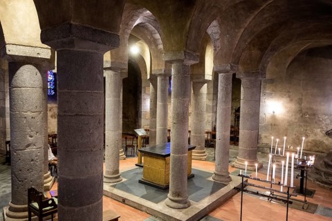 Orcival. Crypt of Notre-Dame d'Orcival, Puy-de-Dôme, Auvergne-Rhone-Alpes, France, Europe