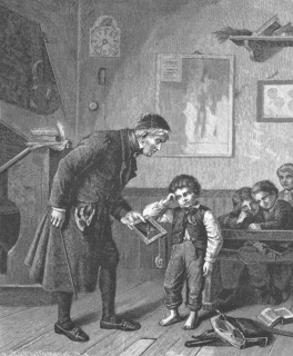 Broken slate, Teacher reprimands a boy who has broken his slate, Historic, digitally restored