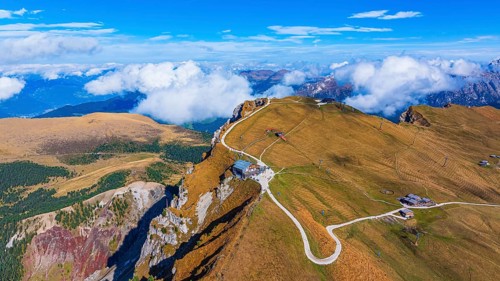 Summit station of the Seceda cable car, Sofie hut, drone shot, Val Gardena, Dolomites, Autonomous
