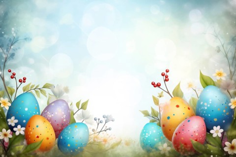 A festive and vibrant background for Easter celebration, featuring multiple decorated eggs in