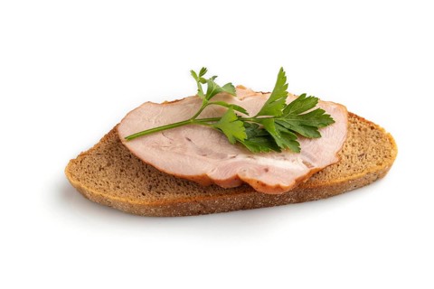 Smoked pork ham sandwich isolated on white background. Top view, flat lay, close up