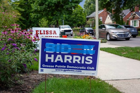 Grosse Pointe Park, Michigan USA, 23 July 2024, President Biden's name is crossed out on a Biden