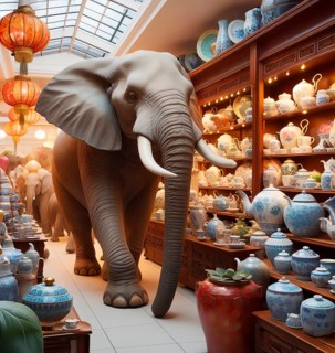 The elephant in the china shop, an elephant in a shop with porcelain and ceramics, AI generated, AI