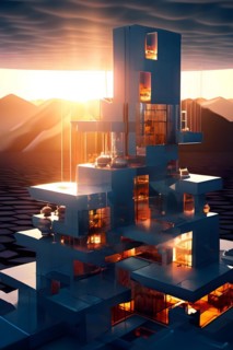 KI generated architectural structure melding computer aided design illustrations with genuine
