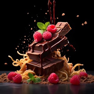 AI generated surreal food art blending a delicate raspberry teetering on the edge of an enormous