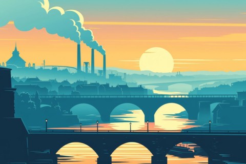 Illustration, graphic of an industrial landscape with bridges over a river, smoking chimneys at