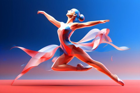 Abstract digital render of an olympic rythm sports gymnast morphing into fluid shapes of french