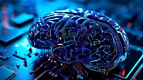 Human brain intricately interlinked with the circuits of a computer board symbolizing artificial