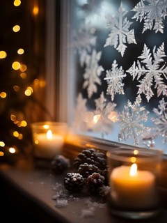 Snow-covered window with frost patterns, candlelight softly glowing through the glass, and warm,