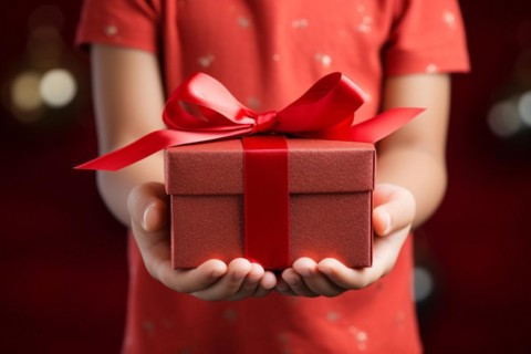 Child's hands holding red Mothers's day or birthday gift box. KI generiert, generiert, AI generated