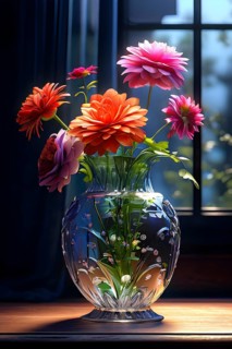 Transparent crystal glass vase with vibrant blooming flowers, AI generated