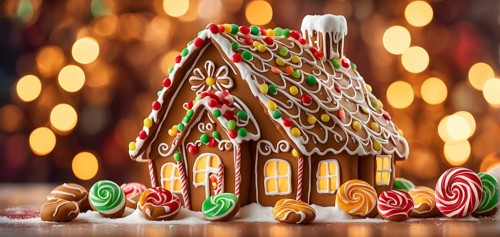 Abstract wallpaper illustration of of gingerbread house decoration, AI generated