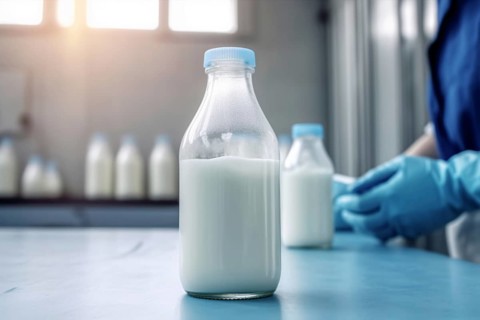 Bottle of milk in laboratory. KI generiert, generiert AI generated