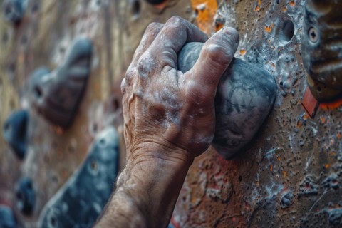 Close up of hand with chalk grabbing grip on artificial rock wall. KI generiert, generiert, AI