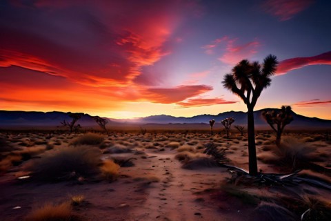 Mojave desert with joshua trees sprinkled in a sunrise, AI generated