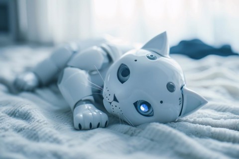 White robotic cat in bed. KI generiert, generiert, AI generated