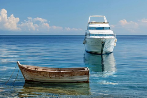 Concept for economic and social inequality showing small poor wooden fishing boat and luxury yacht