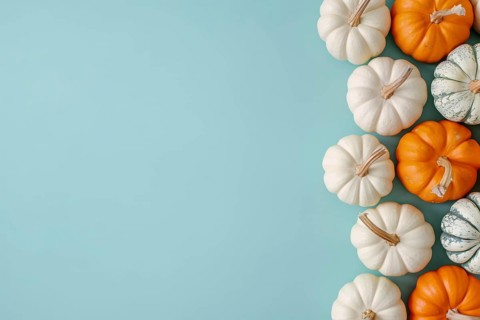 Orange and white pumpkins on pastel blue background with copy space. Generative Ai, AI generated