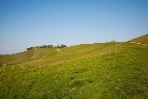 Scarp slope of White Horse on Cherhill Down and Lansdowne monument, Cherhill, Wiltshire, England,