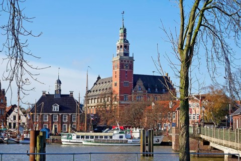 Museum harbour, town hall, scales, Leer, East Frisia, Germany, Europe