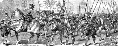 The procession of lansquenets at the unveiling of the war memorial in Tölz, Bavaria, Germany, 1887,