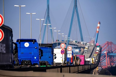 Traffic on the Köhlbrand Bridge in the port of Hamburg, spans the 325 m wide Köhlbrand, an arm of