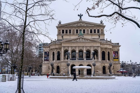 Winter in the city, Alte Oper, Opera House, Lucas Fountain, Frankfurt am Main, Hesse, Germany,