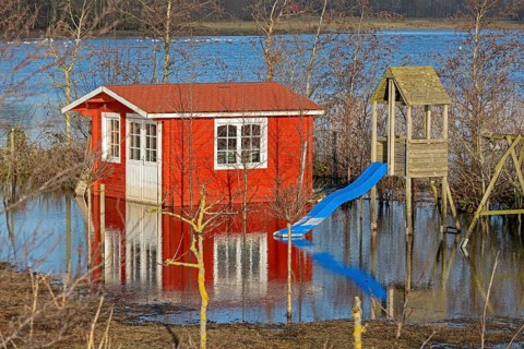 Garden shed and play equipment in the flood, Goldhöft, Geltinger Birk, Gelting, Schleswig-Holstein,