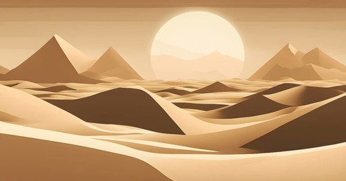 Abstract desert scene with triangular sand dunes and a single circular sun, using sharp lines and