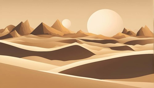 Abstract desert scene with triangular sand dunes and a single circular sun, using sharp lines and