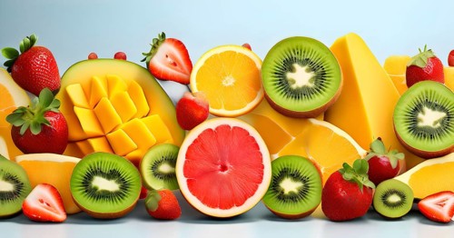 Colorful and artfully arranged slices of fruits like mangoes, strawberries, and kiwi, AI generated