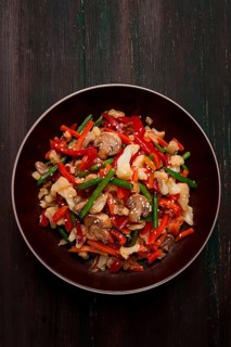 Wok, Asian-style vegetables, street food, mixed vegetables, no people, top view