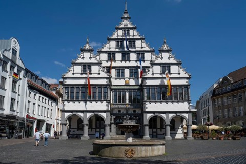 Town Hall on Rathausplatz, Weser Renaissance, Paderborn, Westphalia, North Rhine-Westphalia,
