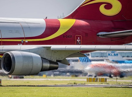 Exhaust jet of one of the 4 engines of a Suparna Airlines Cargo Boeing 747, aircraft at Amsterdam