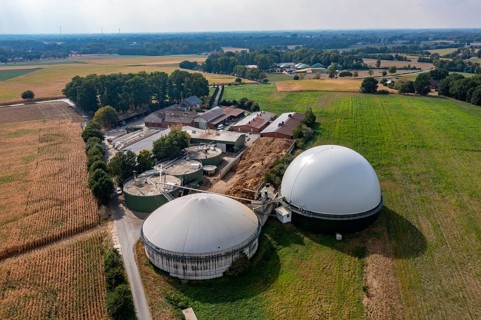 Biogas plant, gas storage, with dome, fermenter tanks for the fermentation process, use of solid