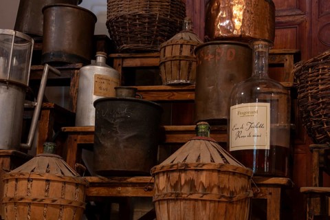 Historic bottles of fragrances in the Fragonard perfumery, Grasse, Département Alpes-Maritimes,