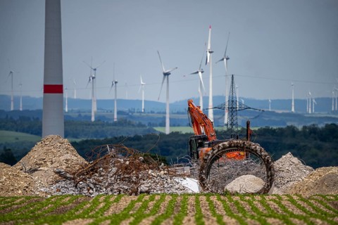 Wind farm north of Marsberg, old wind turbine is demolished, creates space for new, more powerful