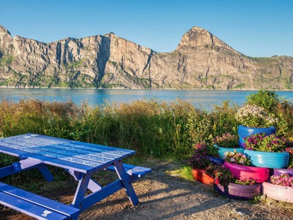 Rest stop, rest area, at the Mefjord, flowers planted in old tires, view to mountain Segla (right)