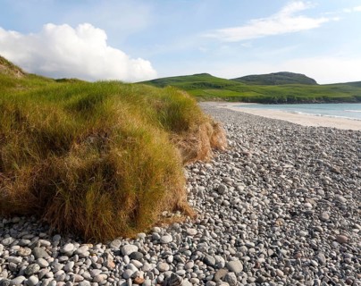 Low angle view of pebbles, sandy beach and dune vegetation on Traigh Siar beach, Vatersay, Barra,