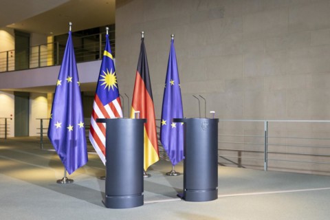 Lecterns and flags taken during a press conference between Federal Chancellor Olaf Scholz and Anwar