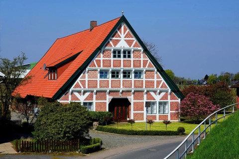 Europe, Germany, Lower Saxony, Altes Land near Hamburg, Steinkirchen an der Lühe, old half-timbered