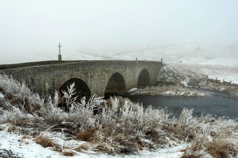 Aubrac plateau. Marchastel bridge on river Bès. Lozere department. Occitanie. France