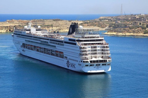 MSC cruise ship in Grand Harbour arriving in Valletta, Malta, Europe