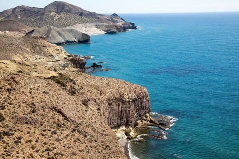 Coastal landscape Cabo de Gata natural park, looking east towards San Jose, Almeria, Spain, Europe