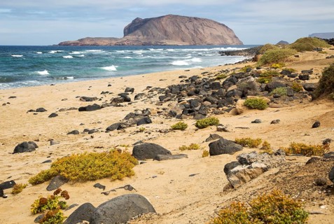 Montana Clara island nature reserve from Graciosa island, Lanzarote, Canary Islands, Spain, Europe