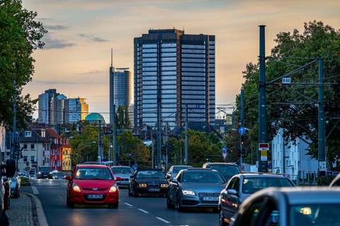 Skyline of Essen city centre, town hall, RWE Tower, dome of the old synagogue, Schützenbahn street,